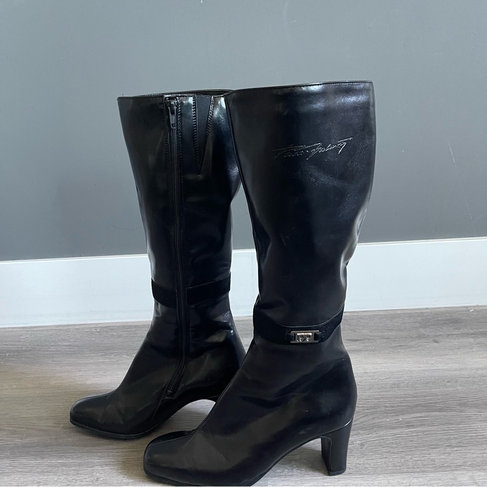 Women's Black Leather Heeled Mid-Calf Boots